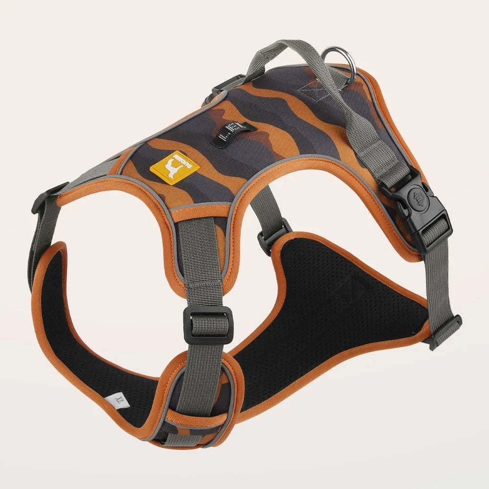 Orange reflective dog harness with double-ended lead for medium breed control during walks