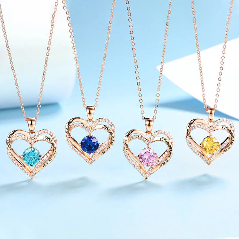 925 silver twelve birthstone pendant necklace with heart shape, rhinestones, and adjustable chain in platinum and rose gold