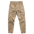 Men's solid colour cotton trousers with multiple pockets in a cropped length, shown in khaki, grey, black, and blue.