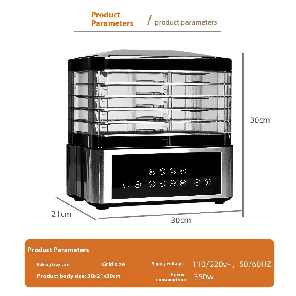 Silver stainless steel fruit dehydrator with 14L capacity on kitchen counter