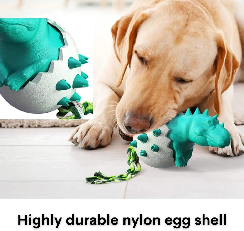 Blue dinosaur-shaped dog chew toy with textured surface and integrated rope.