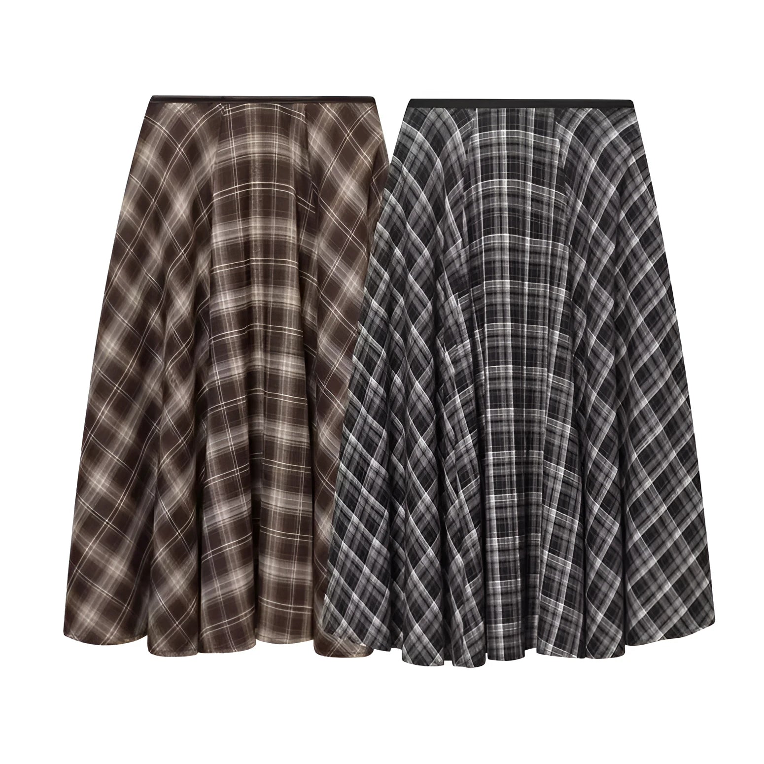 Women's loose plaid midi dress in brown with high-waisted half-skirt and check pattern on a white background