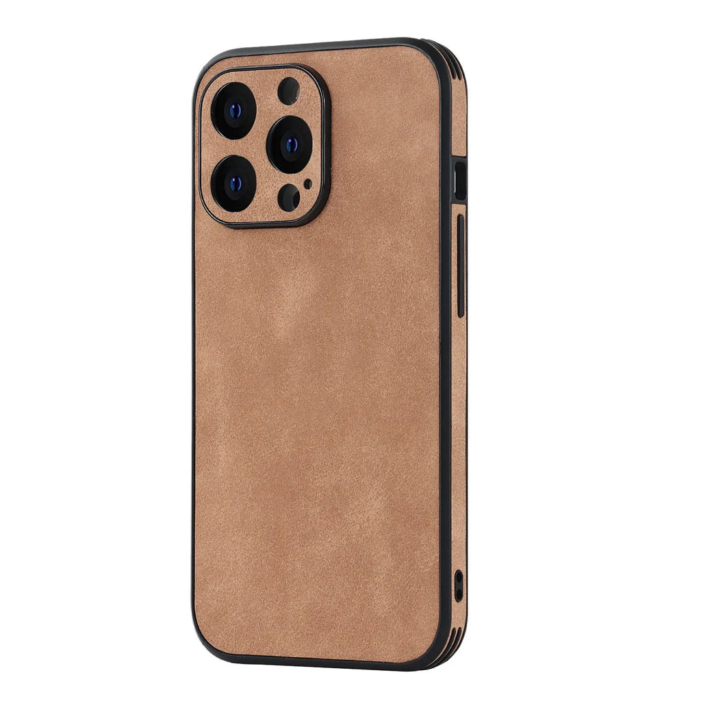 TPU skin phone case with imitation leather back for iPhone 14 in grey, showing rear camera cutout