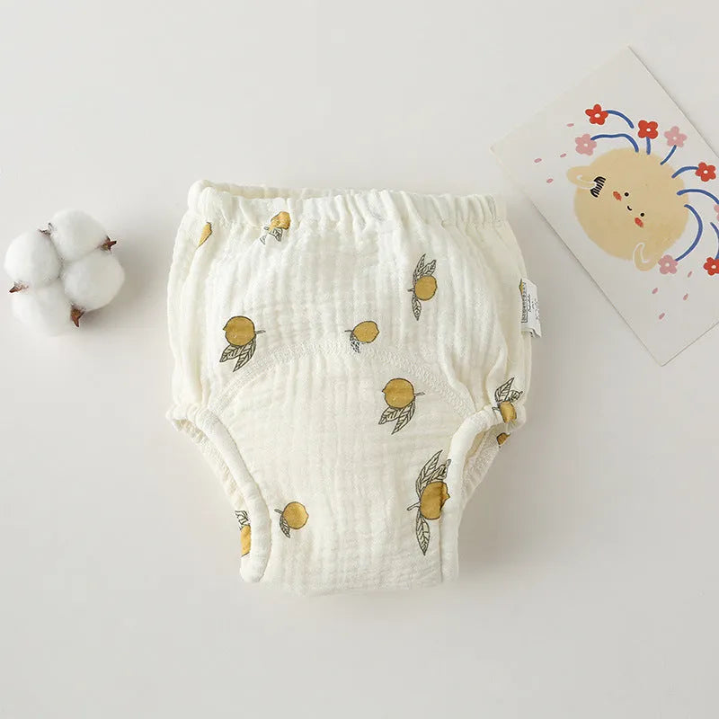 Gauze cotton baby training pants in pure cotton with waterproof layer, ring waist design