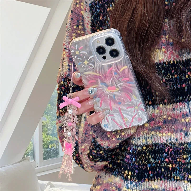 Double-layer TPU phone case with love fireworks print and feather yarn texture for iPhone