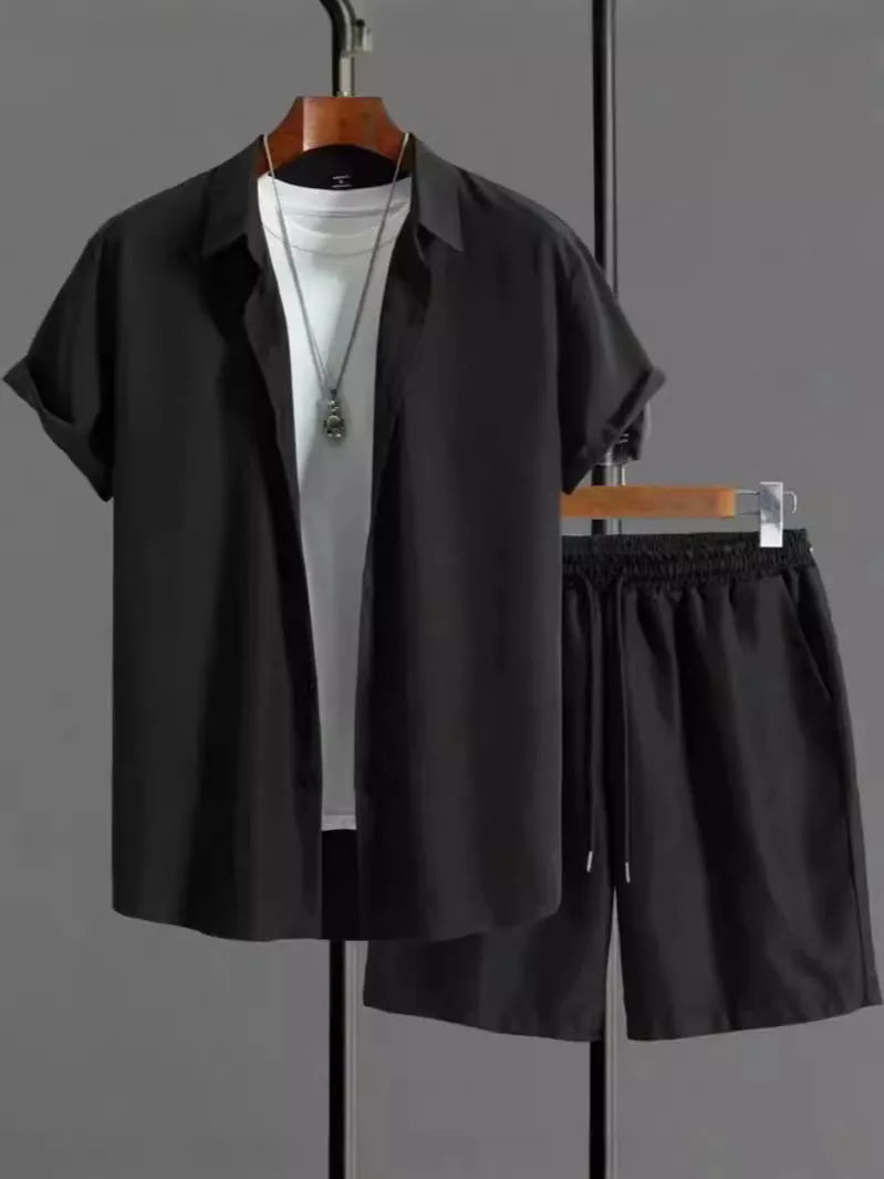 Men's black and white jacquard short sleeve suit set with matching shorts on hanger