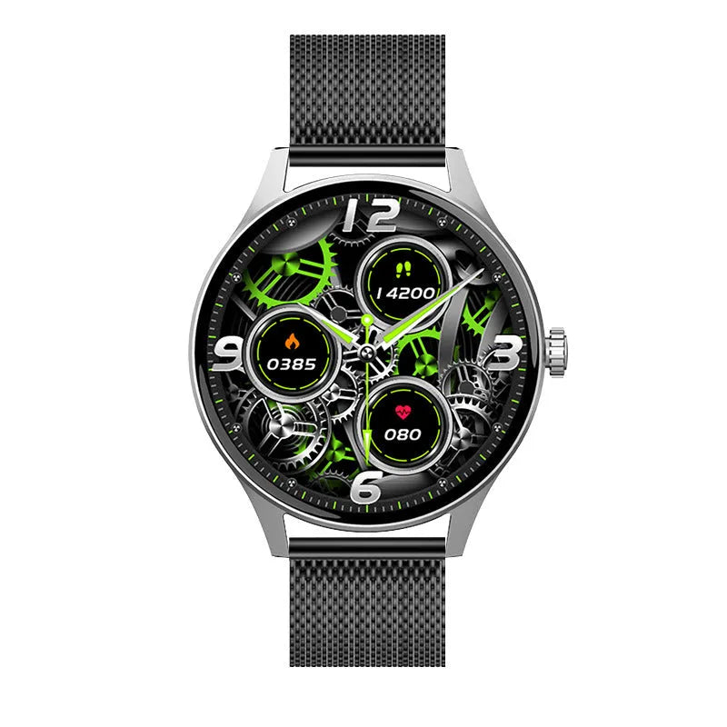 Smart watch with blood sugar detection on wrist, showing AMOLED screen and optional leather strap.