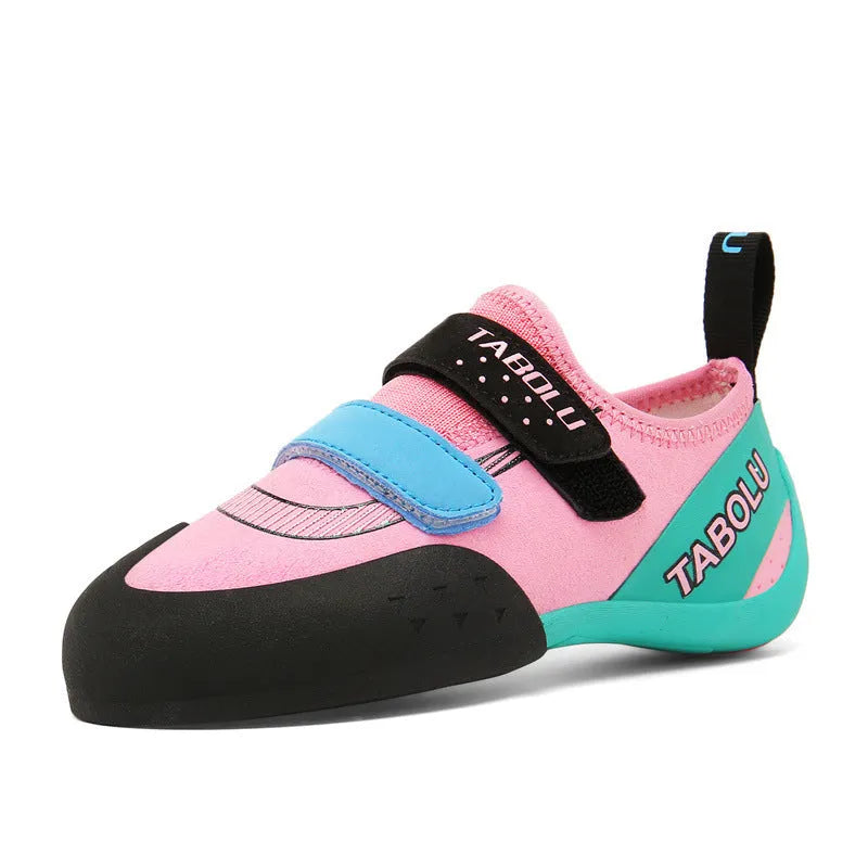 Beginner rock climbing shoes with Velcro fastening in black with red, orange yellow, or pink accents