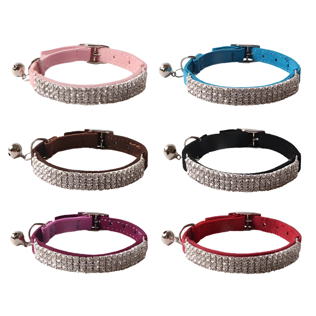 Flocked flannel cat collar with elastic buckle and gang drill pattern in multiple colours.