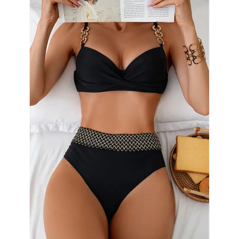 Black two-piece bikini swimsuit set with sleeveless top and brief-style bottoms on hanger