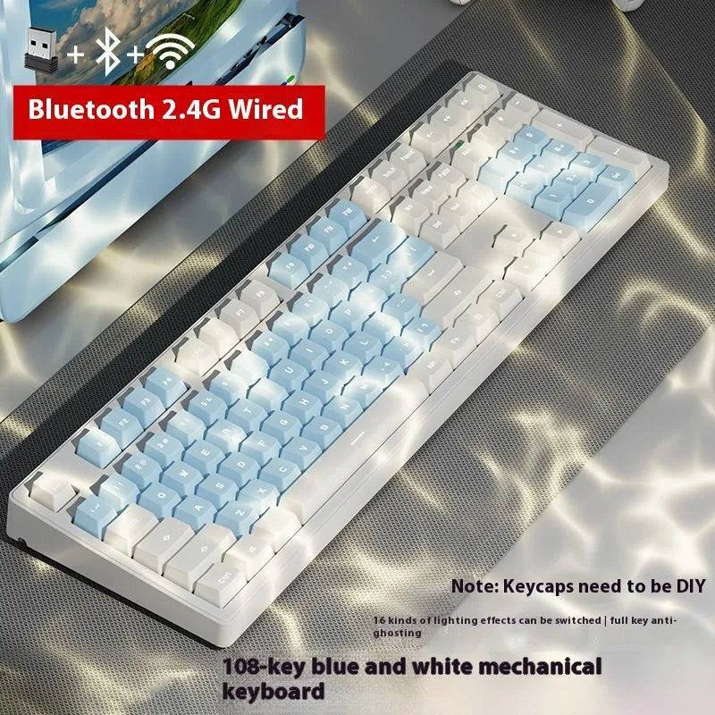 Mechanical keyboard with three connectivity modes in blue and white colour matching design