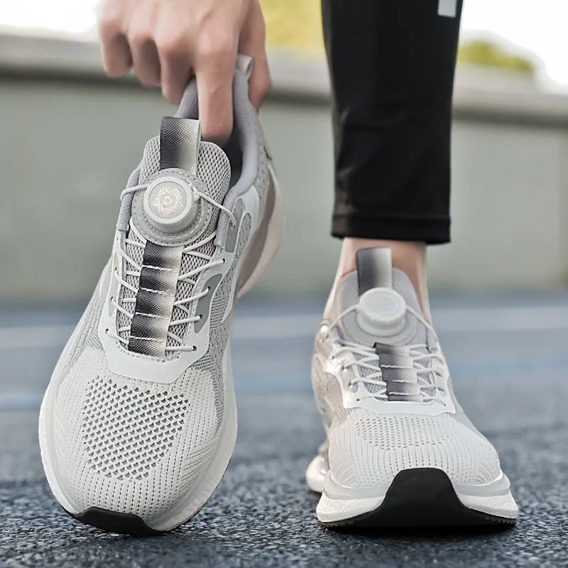 Men's white rotating button buckle running shoes with breathable mesh upper and low-top design