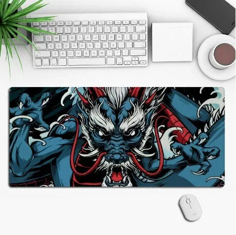 Custom anime graphic gaming mouse pad with non-slip rubber base on a wooden desk.