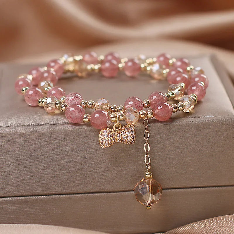 Gold double layer strawberry quartz bracelet for women with U-shaped original design