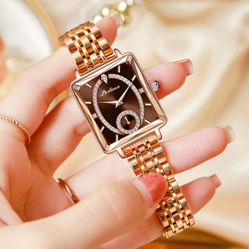Rose gold square women's half watch with 40.5mm dial and mineral glass mirror