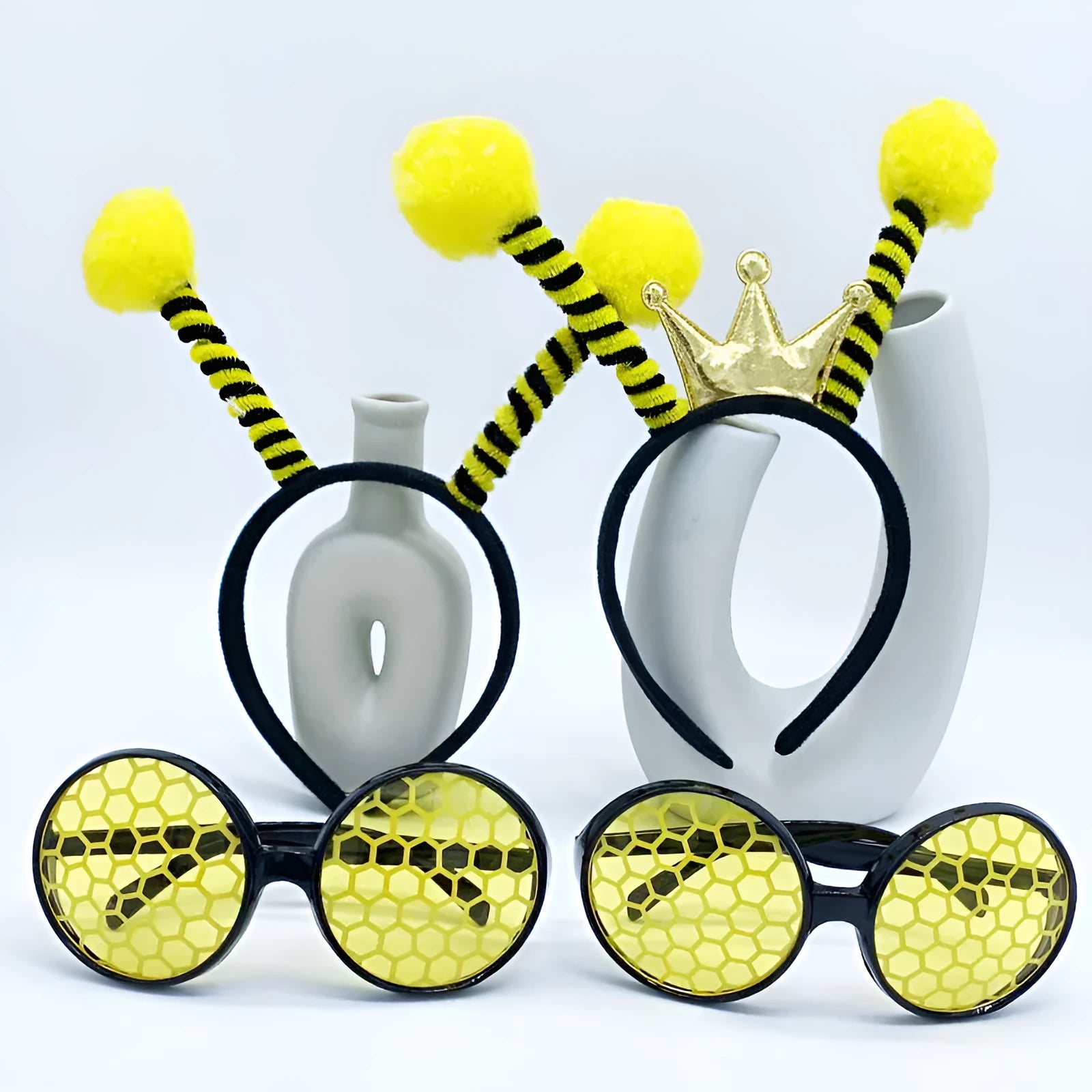Yellow bee-themed cloth headband and matching round glasses for children's fancy dress costume.