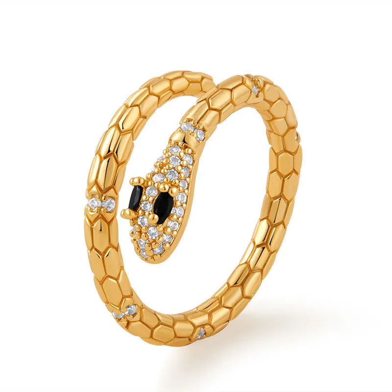 Adjustable snake finger ring for women in gold colour with diamond treatment on copper