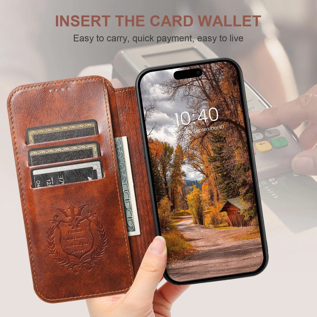 Magnetic wireless charger protective leather case phone case with bracket and card slot in J05 Black
