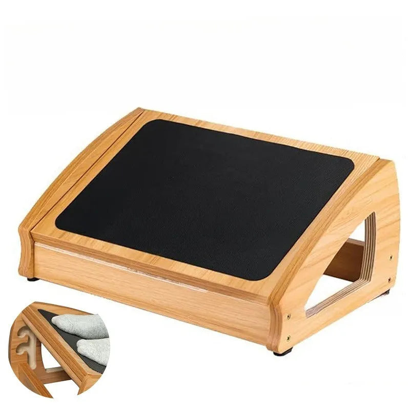 Wooden adjustable bamboo footstool in natural wood colour for office desk use.