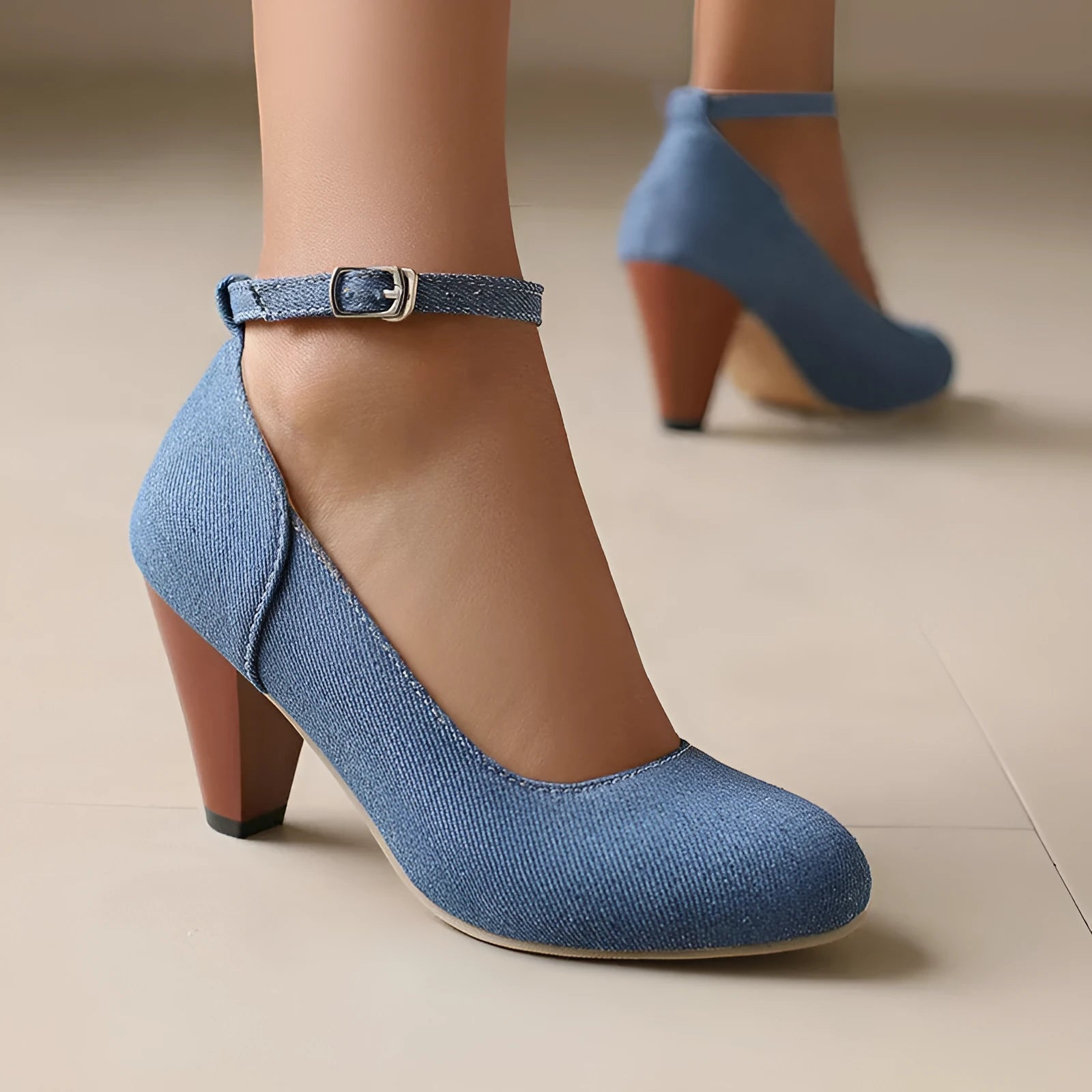 Women's blue denim platform high-heel boots with buckle fastening and chunky 6-8cm heel
