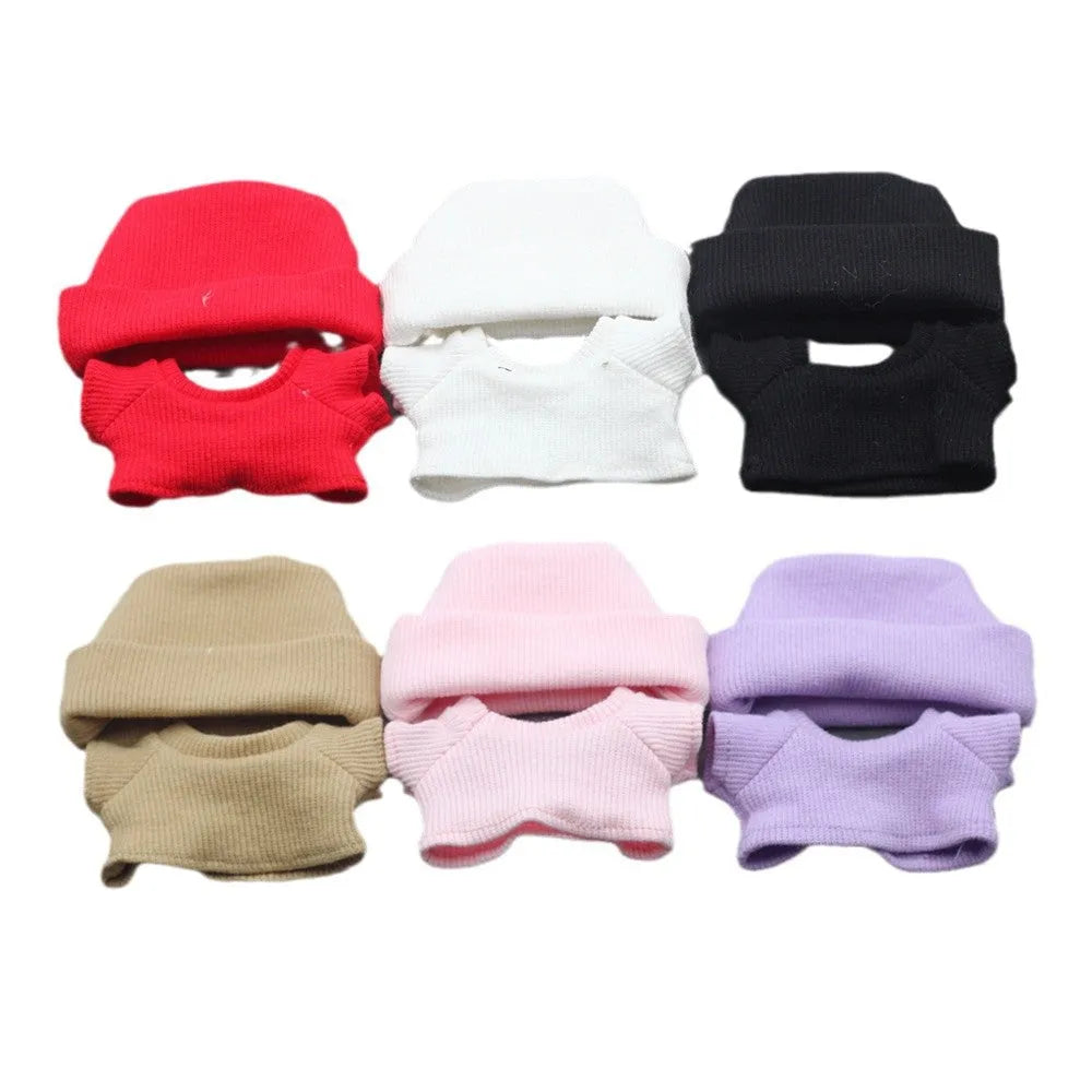 Knitted doll clothes set with flanging hat and T-shirt in white, brown, black, pink, purple and striped options