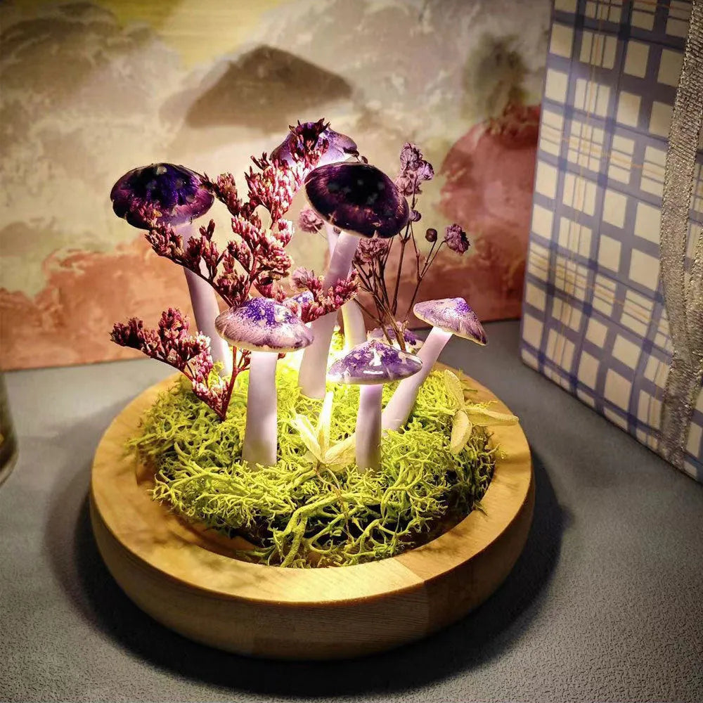 Handmade mushroom creative small night lamp glass cylinder fresh flowers multicolor built-in battery