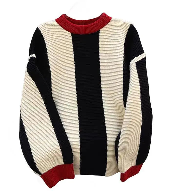 Women's striped cashmere sweater with contrast colour detailing and round neck