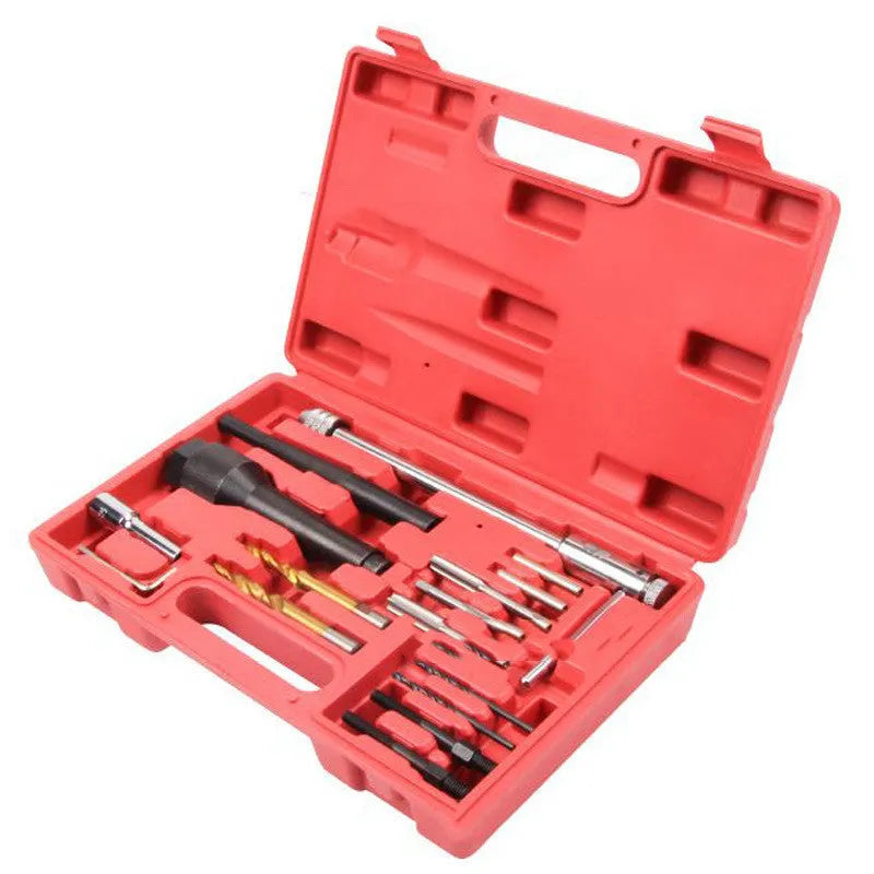 16-piece steel glow plug disassembly tool set with red tools for diesel engine repair
