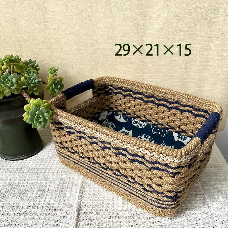 Brown hand-woven rattan rectangular desktop storage basket for snacks and sundries