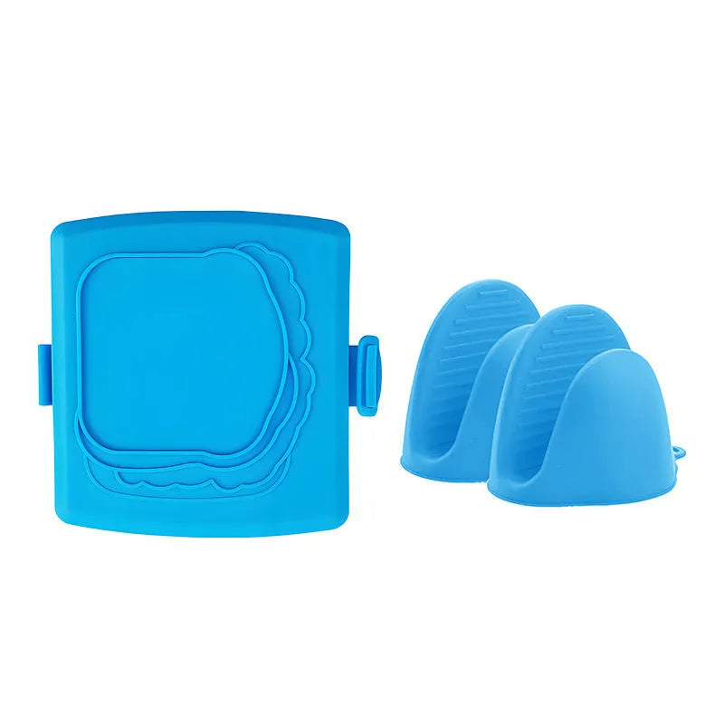 Red silicone baking tray set with matching gloves and hand clamp for oven baking