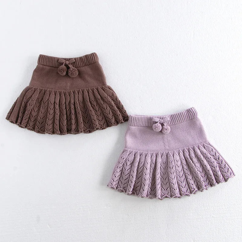Girls' cotton pleated pantskirt in light grey purple, patterned coffee, or rust red, sizes 70cm to 110cm