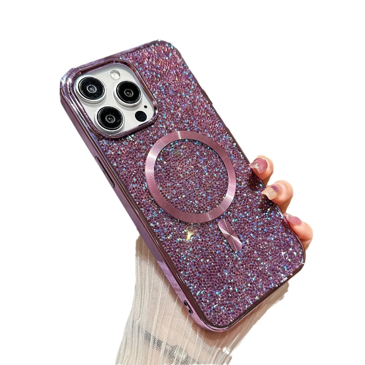 Luxury rhinestone magnetic TPU phone case for Apple iPhone, electroplated finish, pink colour