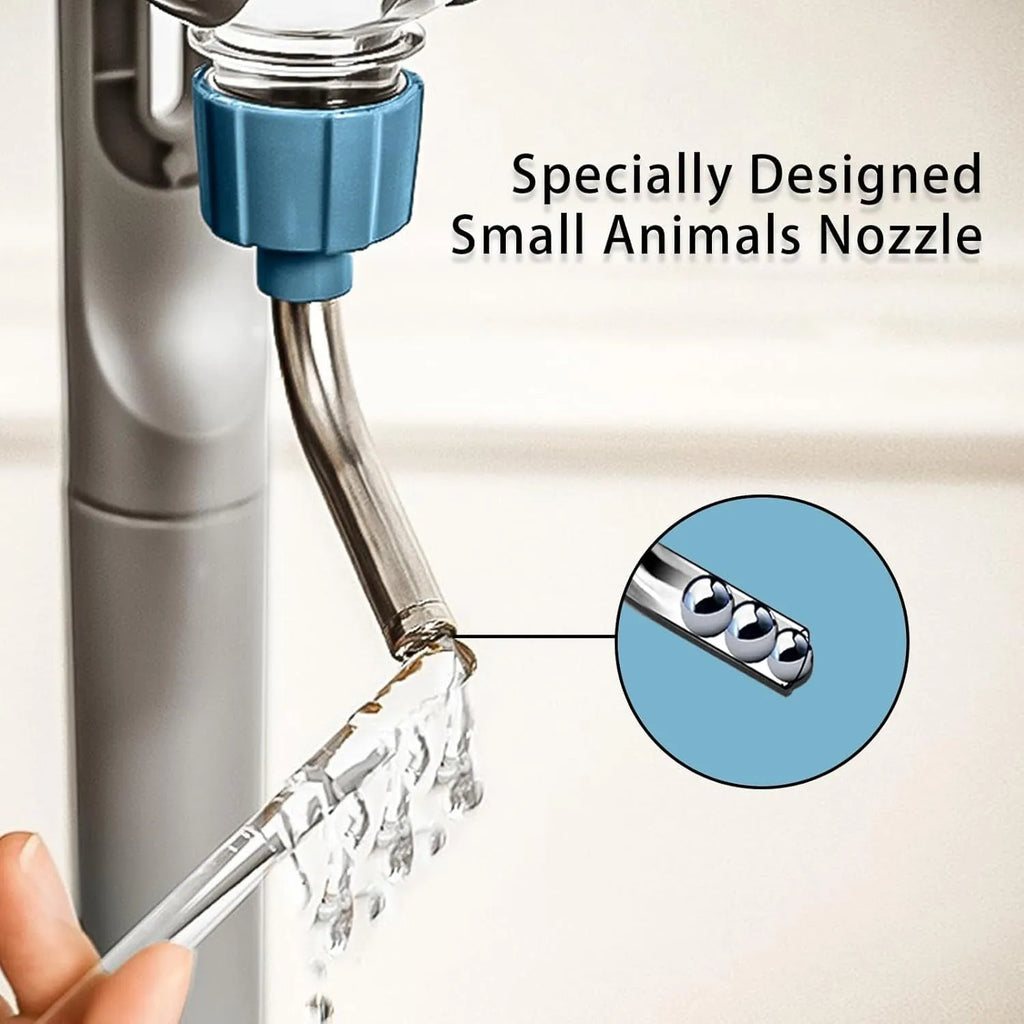 Blue small animal water bottle with rotating nozzle mounted on cage bars