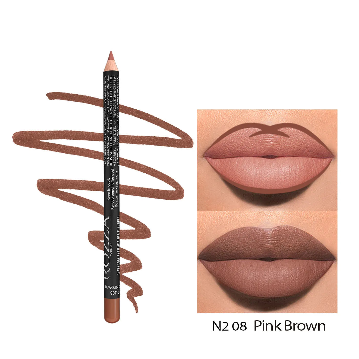 A lip liner pencil in a wooden barrel, shown with a sharp point, alongside swatches of its 14 available colour shades.