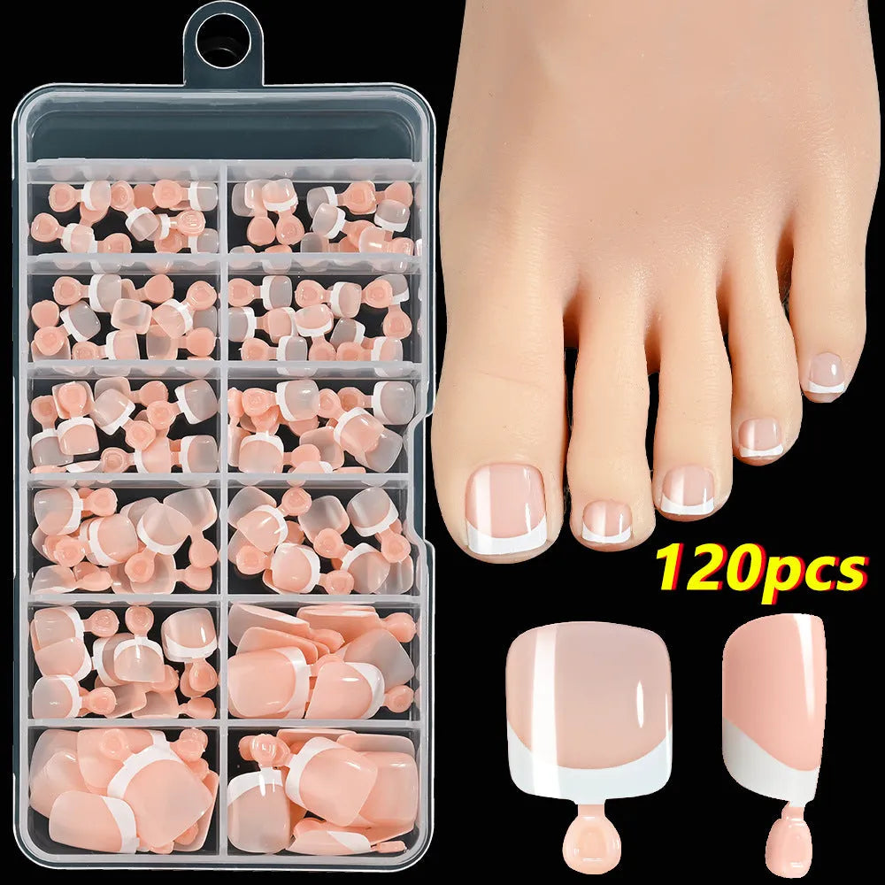 120-piece box of French white tip full square short nude nail appliqués in nine colour shades.
