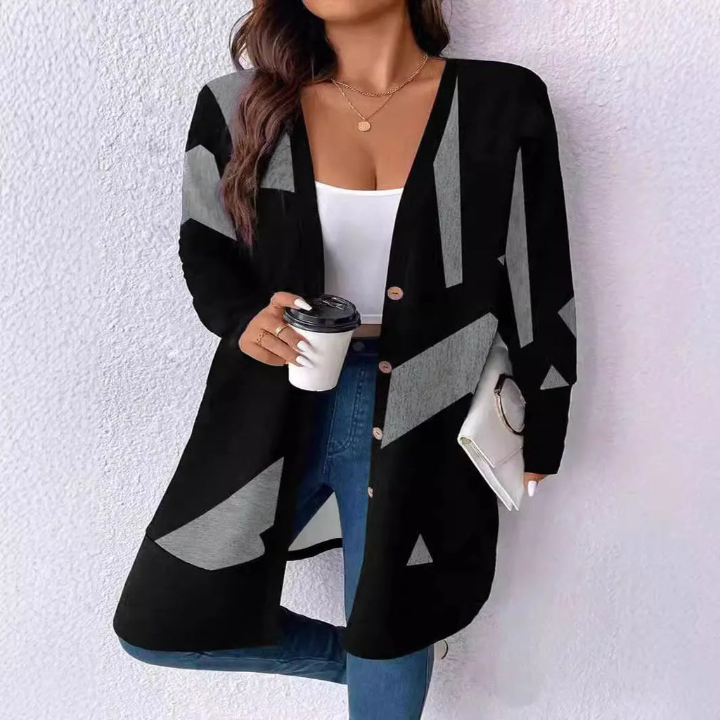 Black plus size casual cardigan coat with button stitching printing detail and loose fit