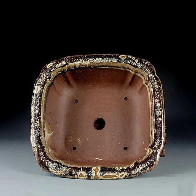Purple sand square ceramic bonsai pot with coloured glaze, 27x27x9cm, handmade antique planter for flowers and green plants