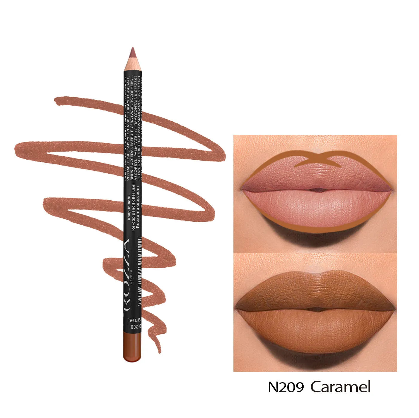 A lip liner pencil in a wooden barrel, shown with a sharp point, alongside swatches of its 14 available colour shades.