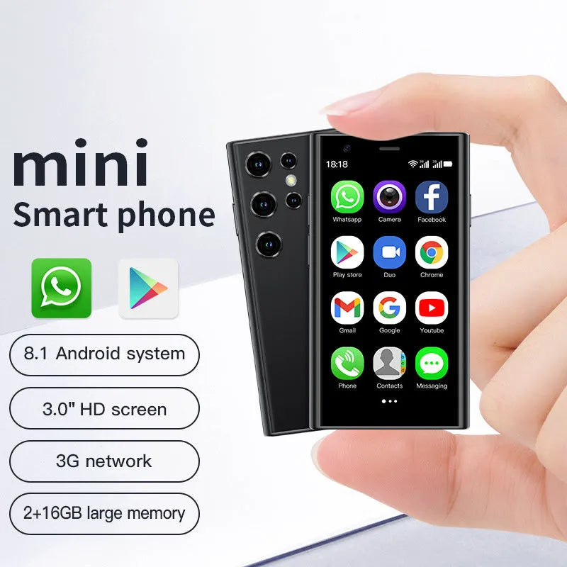 S23PRO XS15 mini smartphone in black, green, or pink purple colour on a white background.