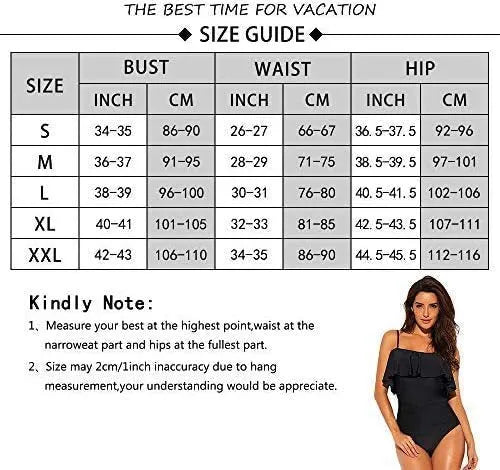 Black one-piece swimsuit with cut-out design and ruffled straps laid flat.