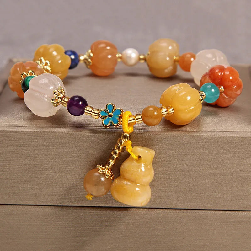 Khaki yellow agate crystal bracelet for women with gold silk threading