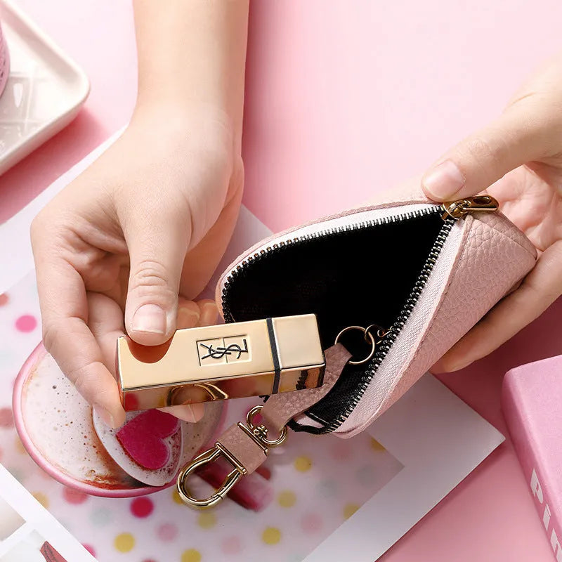 Minimalist waterproof PU leather key case with zipper closure in black, grey, and pink colours