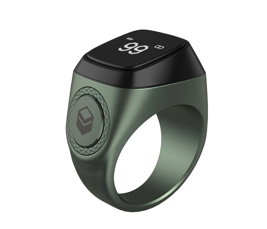 Silver smart ring with a button and small OLED display on a finger.