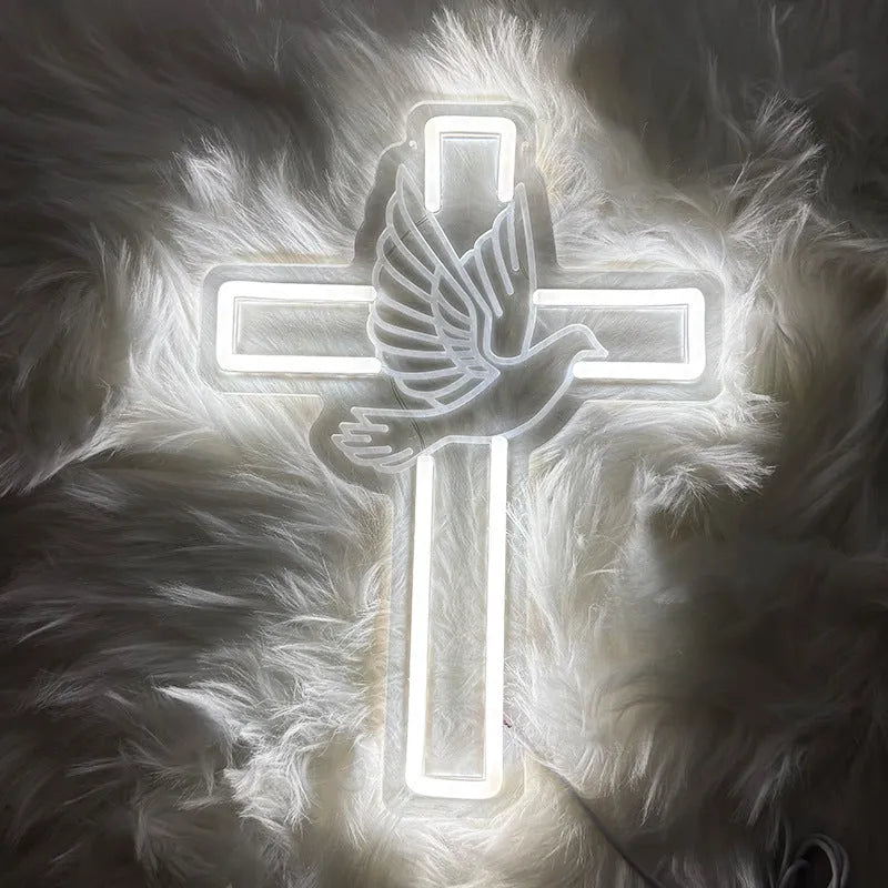 LED neon light peace dove cross acrylic plate white illumination hanging on wall