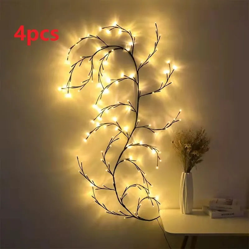 Flexible LED willow vine garland with 144 warm white lights and birch bark texture for wall decoration