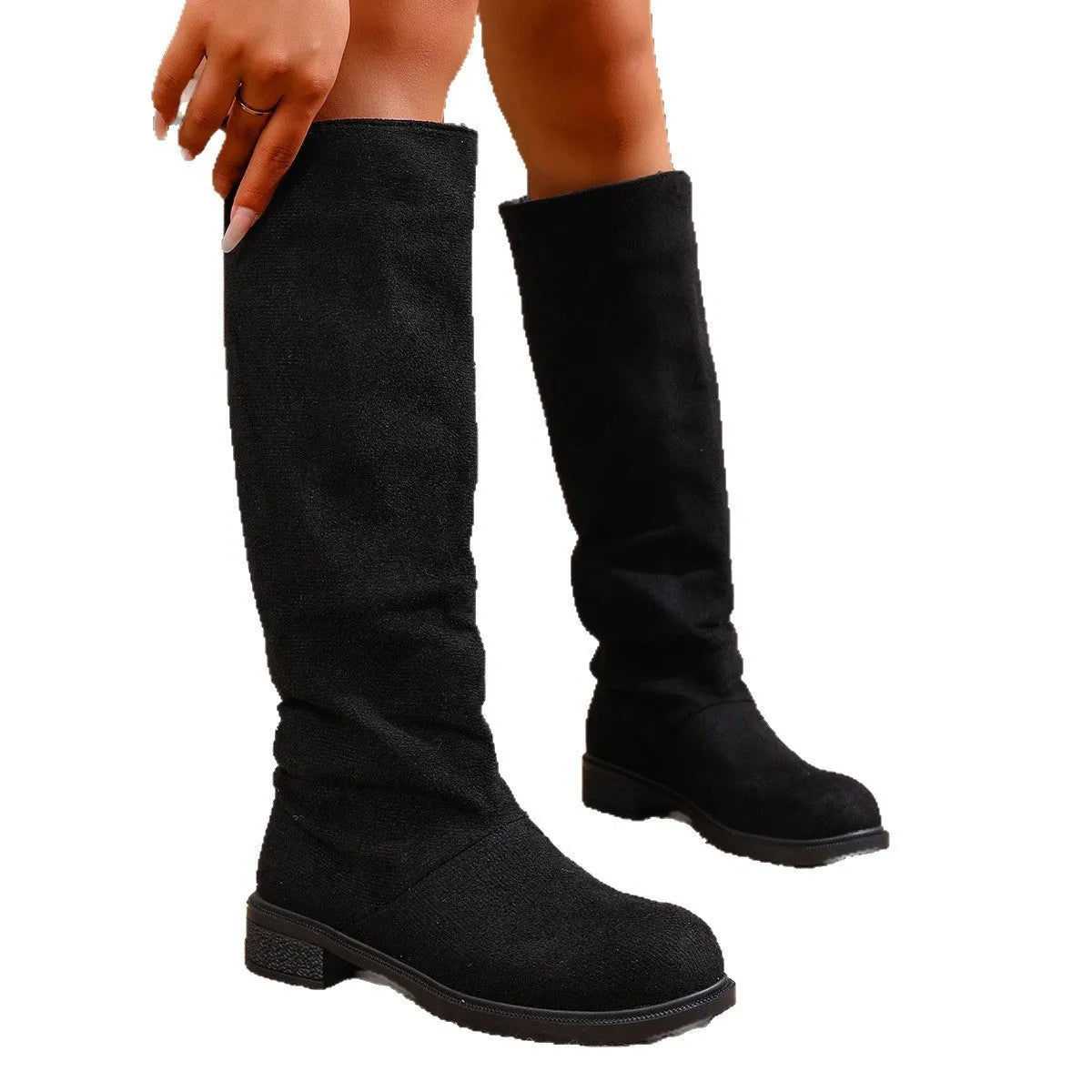 Women's cow suede below-knee boots with chunky 3-5cm mid heel, round toe and rubber sole, in black, blue, red, orange or brown