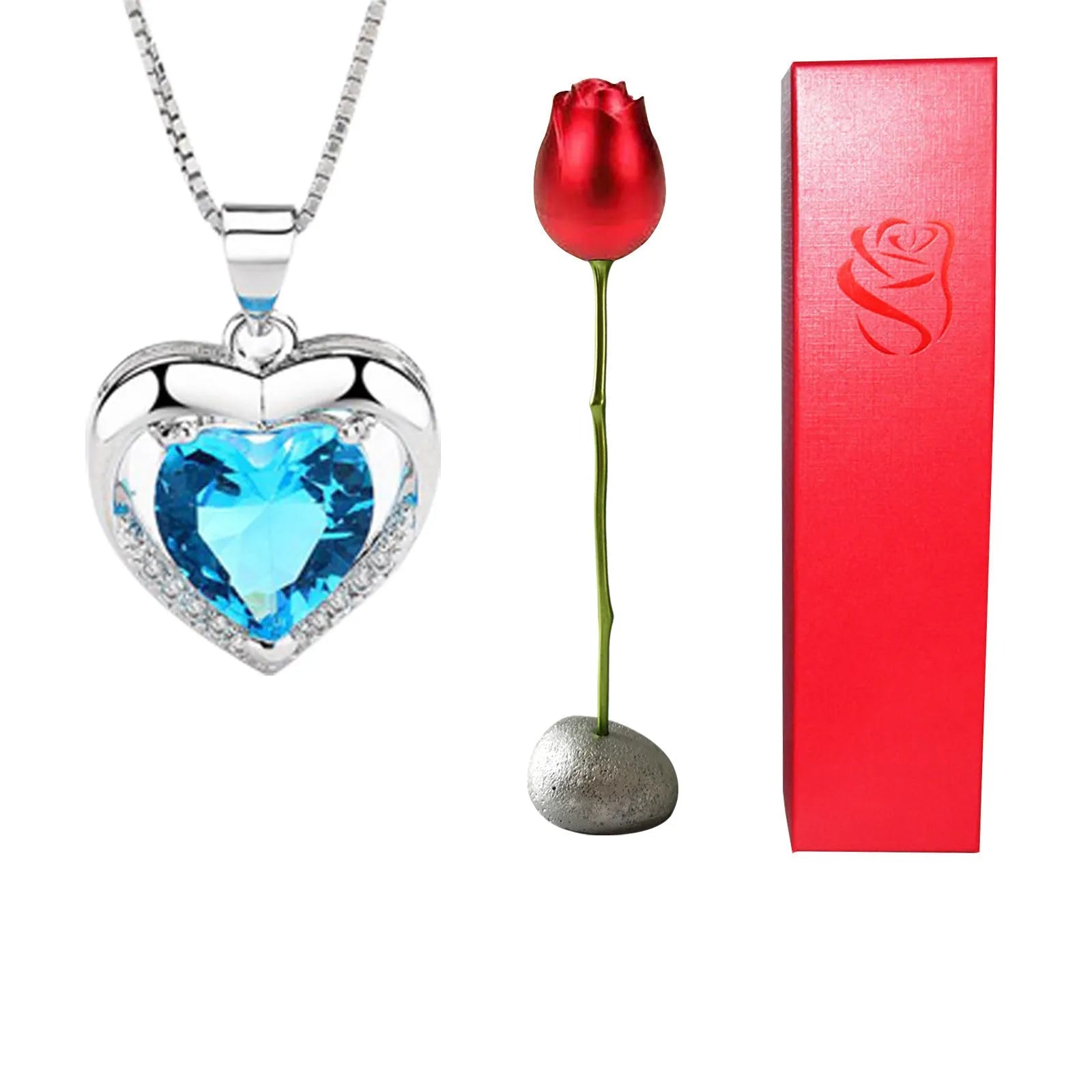 Heart-shaped crystal diamond rose pendant necklace in copper with electroplated finish, rose box packaging