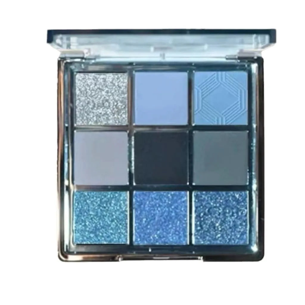 MUGELEEN nine-colour eye shadow palette showing blue smoked colours with matte and shimmer finishes
