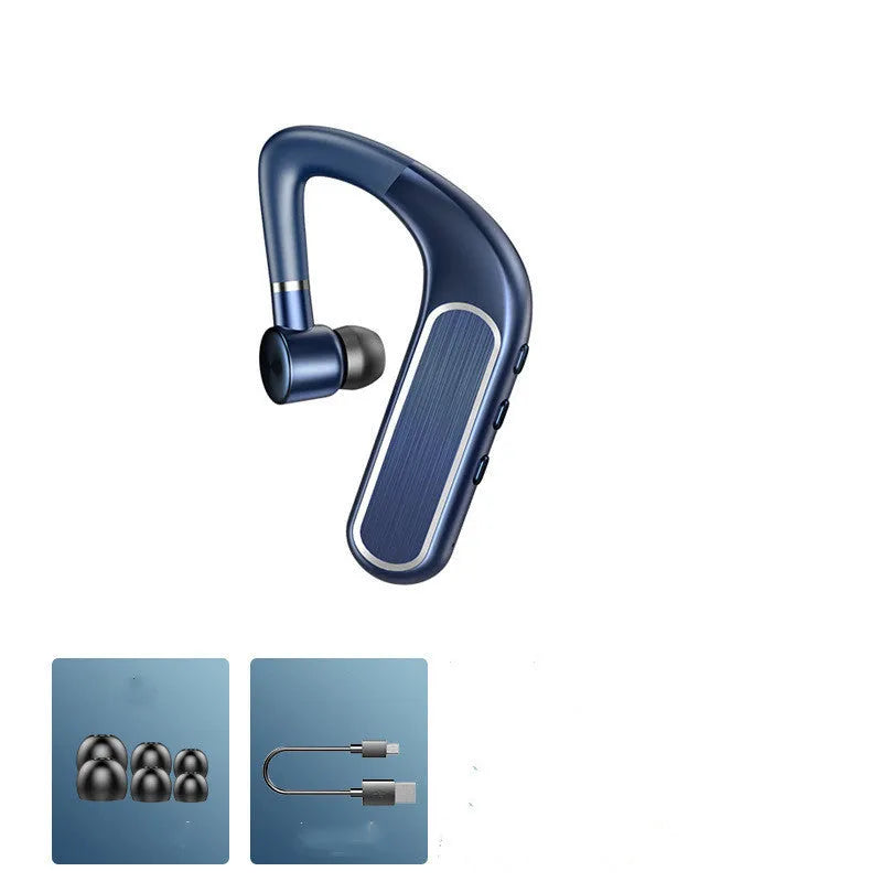 Black hanging-ear Bluetooth earphones with hook design, shown with charging case and spare ear caps.
