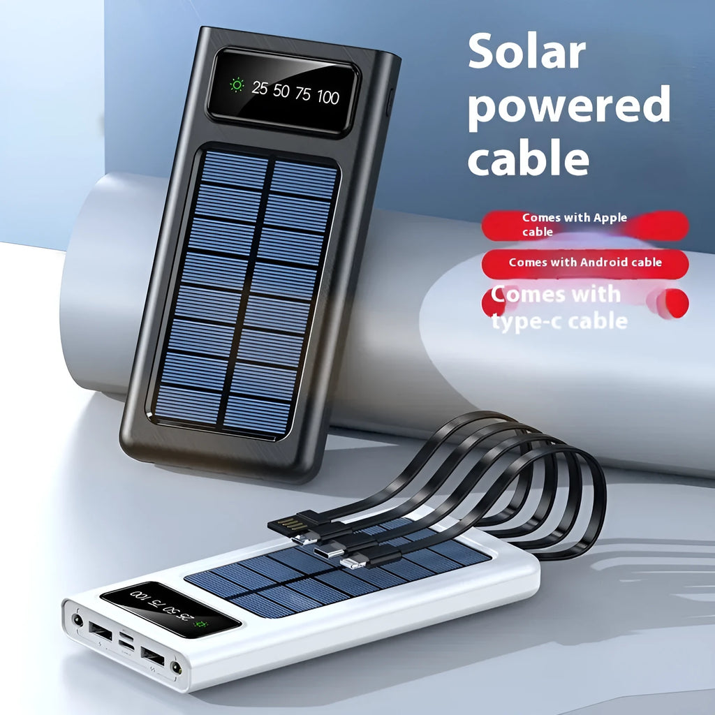Black solar power bank with 20000mAh capacity and built-in charging cable for mobile phones